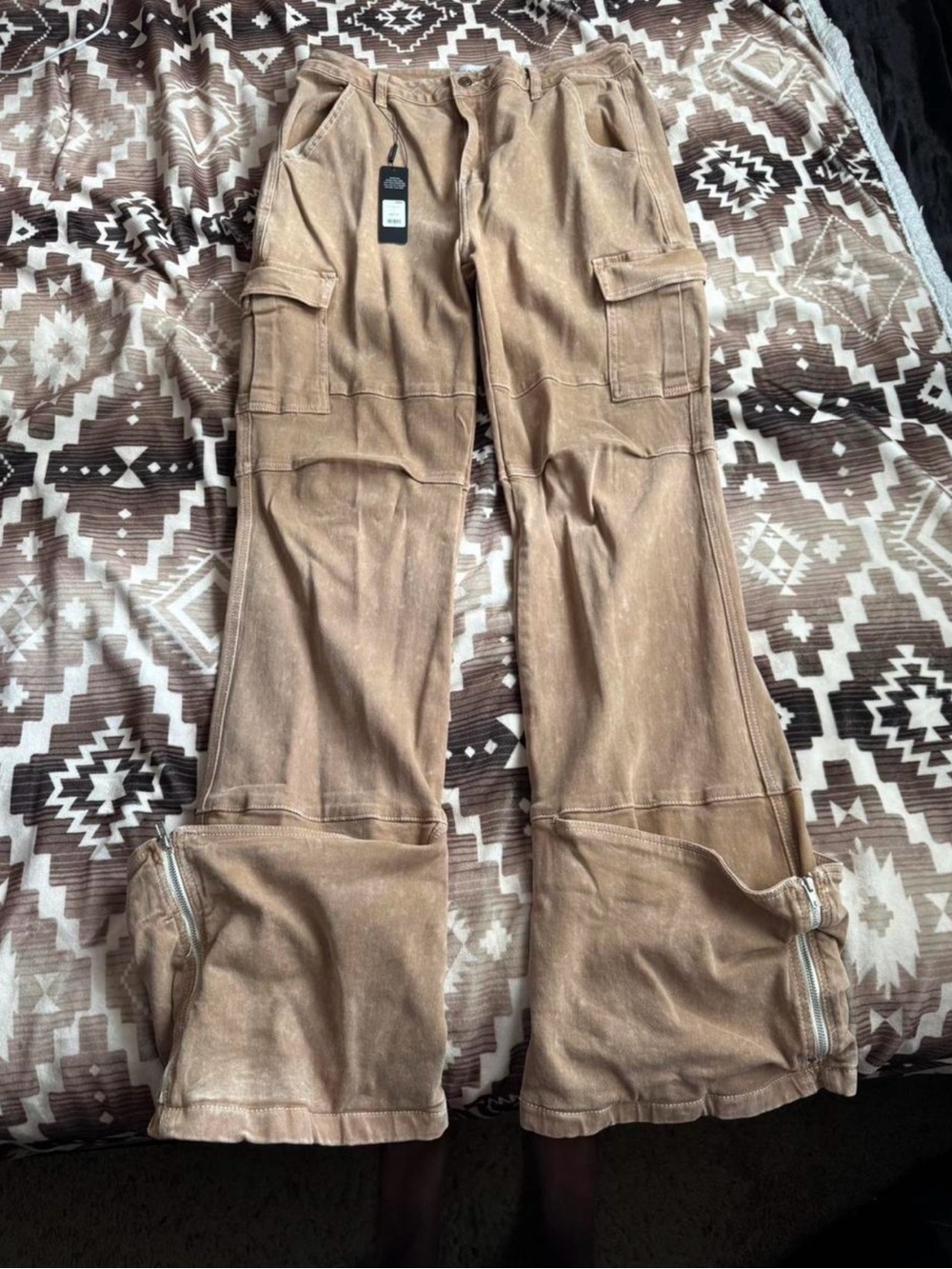 Fashion Nova Women's Tan Cargo Flare Jeans